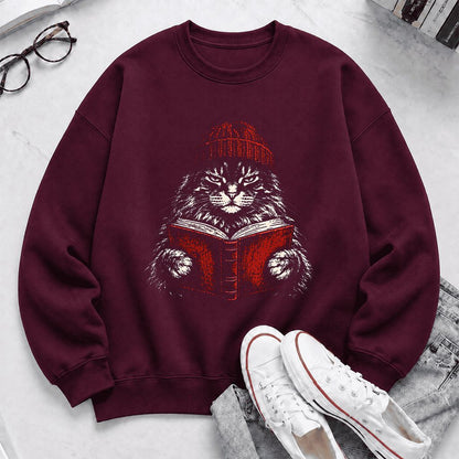 Maine Coon Cat Reading Printed Sweatshirt | Cat Lover Reader Gift Maroon