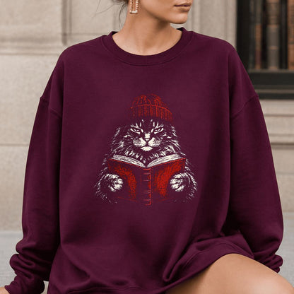 Maine Coon Cat Reading Printed Sweatshirt | Cat Lover Reader Gift Maroon