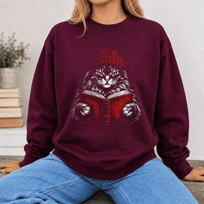 Maine Coon Cat Reading Printed Sweatshirt | Cat Lover Reader Gift Maroon