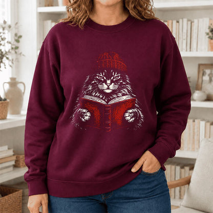 Maine Coon Cat Reading Printed Sweatshirt | Cat Lover Reader Gift Maroon