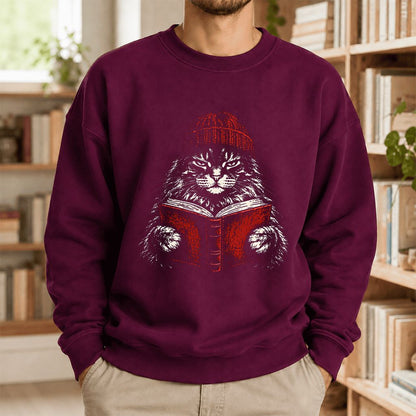 Maine Coon Cat Reading Printed Sweatshirt | Cat Lover Reader Gift Maroon