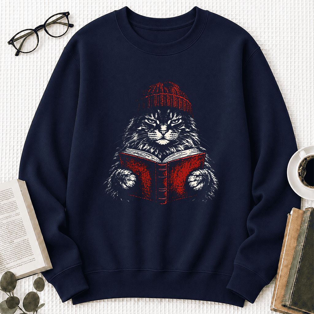 Maine Coon Cat Reading Printed Sweatshirt | Cat Lover Reader Gift Navy