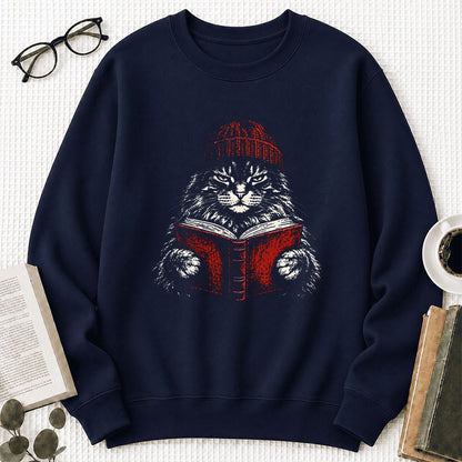 Maine Coon Cat Reading Printed Sweatshirt | Cat Lover Reader Gift Navy