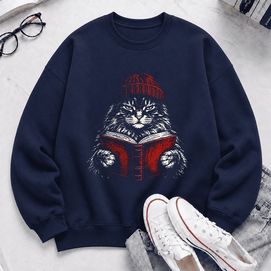 Maine Coon Cat Reading Printed Sweatshirt | Cat Lover Reader Gift Navy