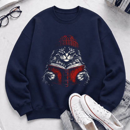 Maine Coon Cat Reading Printed Sweatshirt | Cat Lover Reader Gift Navy