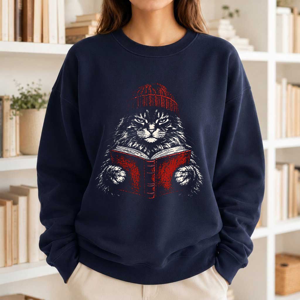 Maine Coon Cat Reading Printed Sweatshirt | Cat Lover Reader Gift Navy