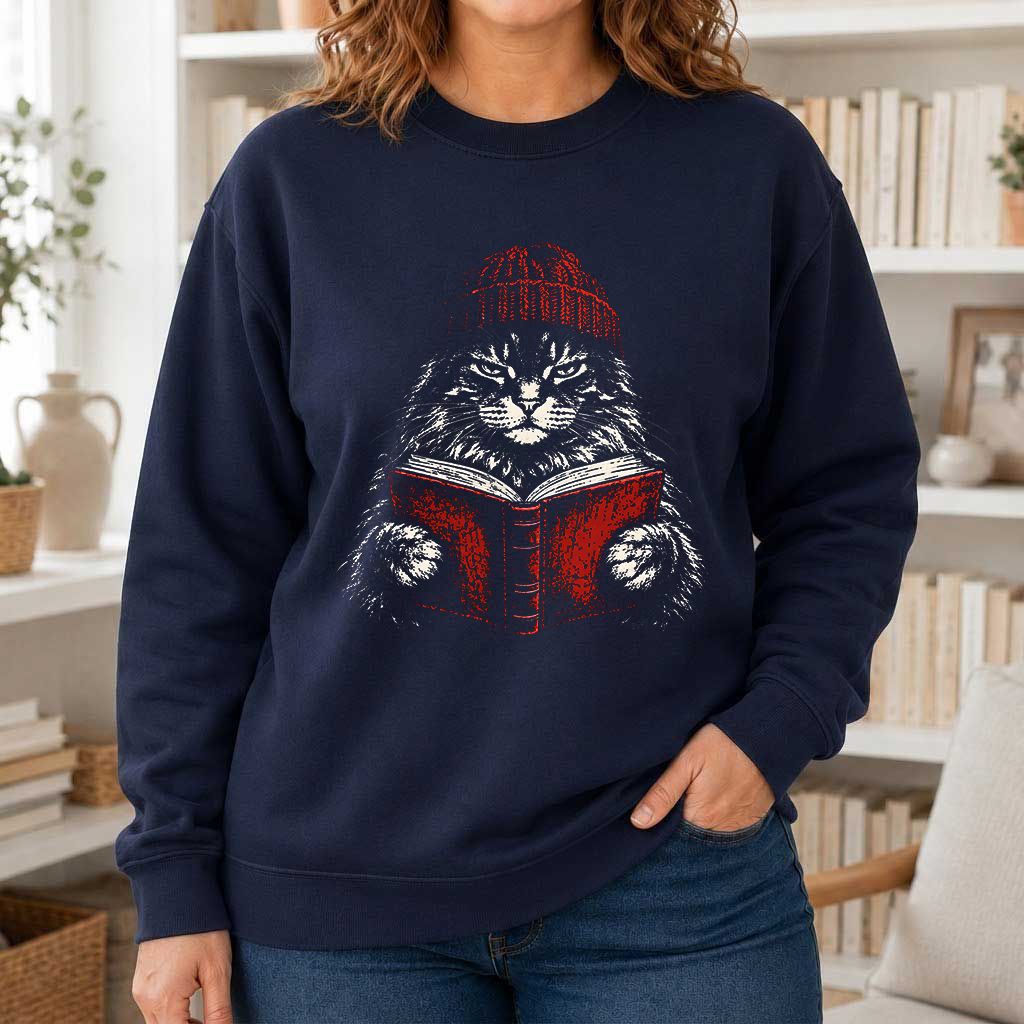 Maine Coon Cat Reading Printed Sweatshirt | Cat Lover Reader Gift Navy