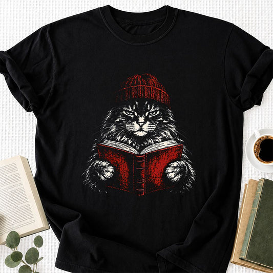 Maine Coon Cat Reading Printed T-Shirt | Cat Lover Reader Gift Black