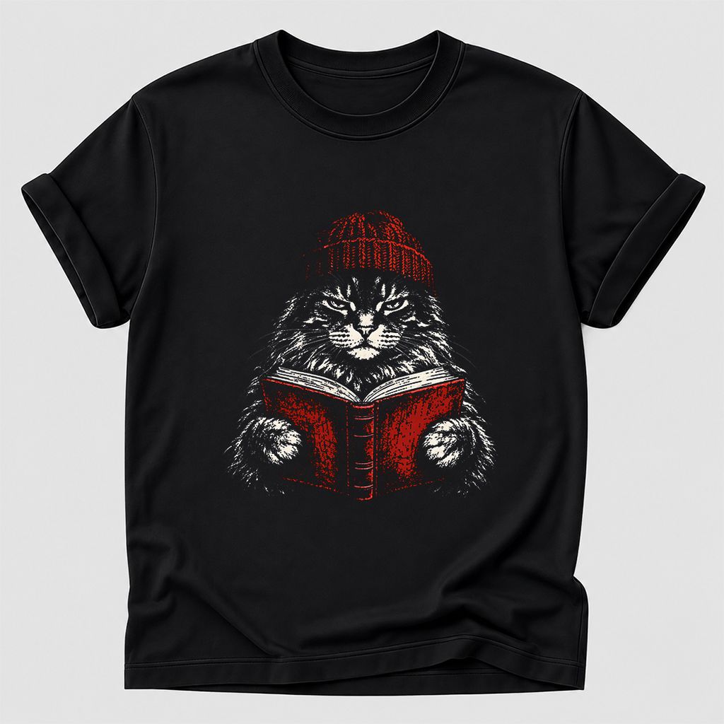 Maine Coon Cat Reading Printed T-Shirt | Cat Lover Reader Gift Black