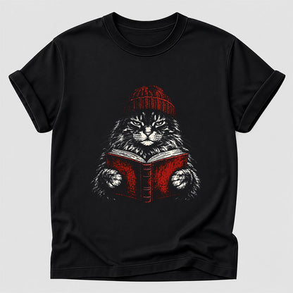 Maine Coon Cat Reading Printed T-Shirt | Cat Lover Reader Gift Black