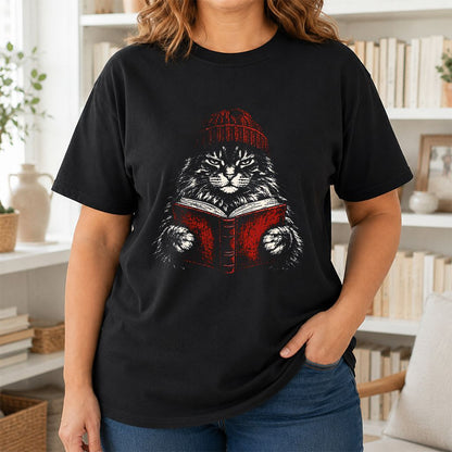 Maine Coon Cat Reading Printed T-Shirt | Cat Lover Reader Gift Black