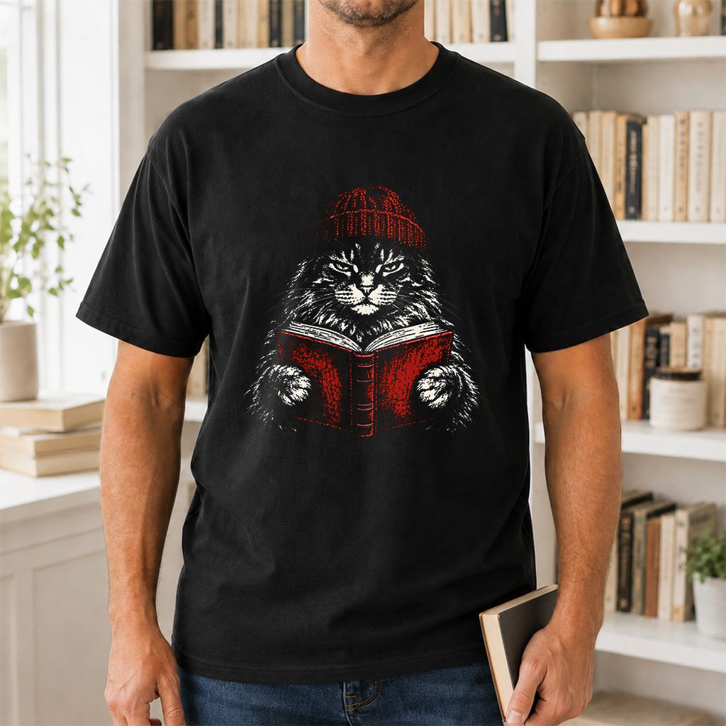 Maine Coon Cat Reading Printed T-Shirt | Cat Lover Reader Gift Black