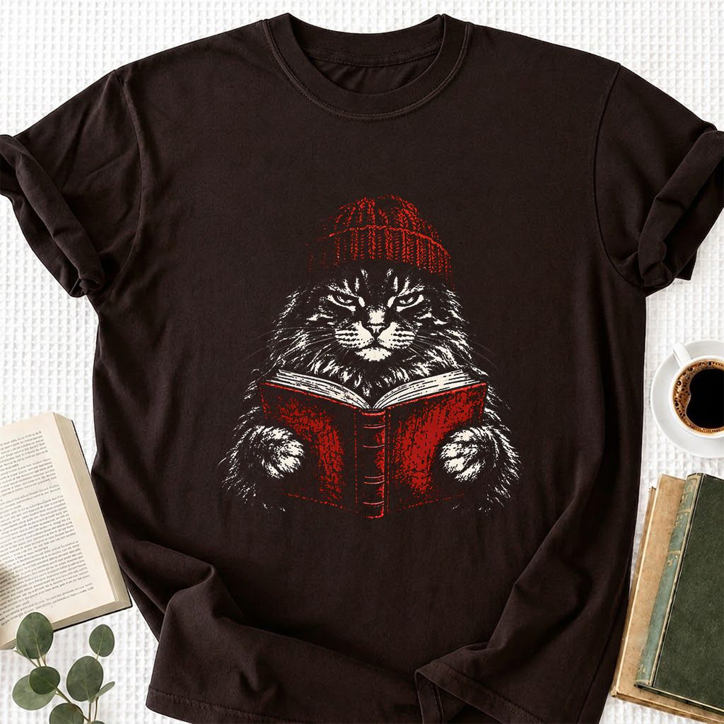 Maine Coon Cat Reading Printed T-Shirt | Cat Lover Reader Gift Dark Chocolate
