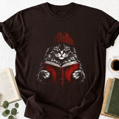 Maine Coon Cat Reading Printed T-Shirt | Cat Lover Reader Gift Dark Chocolate