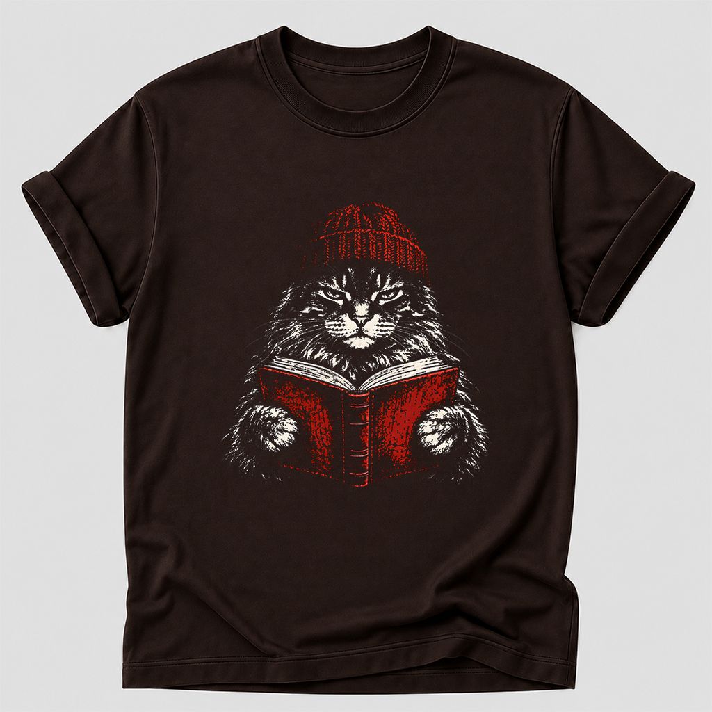 Maine Coon Cat Reading Printed T-Shirt | Cat Lover Reader Gift Dark Chocolate
