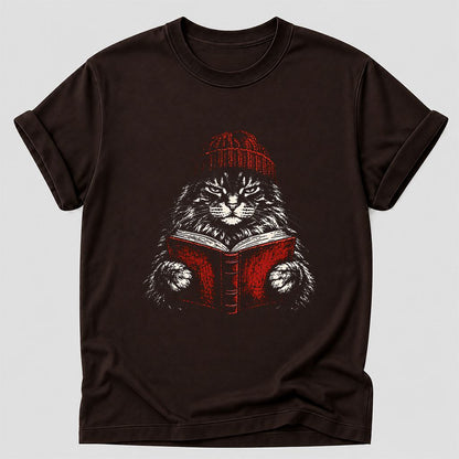 Maine Coon Cat Reading Printed T-Shirt | Cat Lover Reader Gift Dark Chocolate