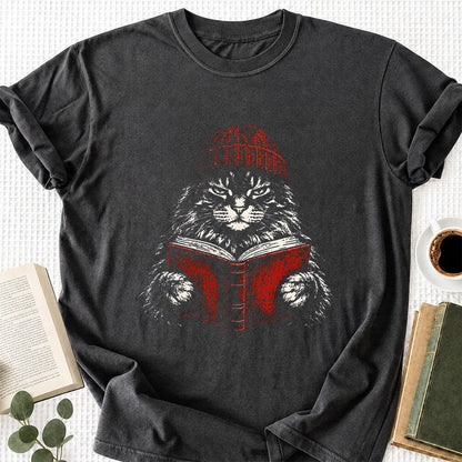 Maine Coon Cat Reading Printed T-Shirt | Cat Lover Reader Gift Dark Heather
