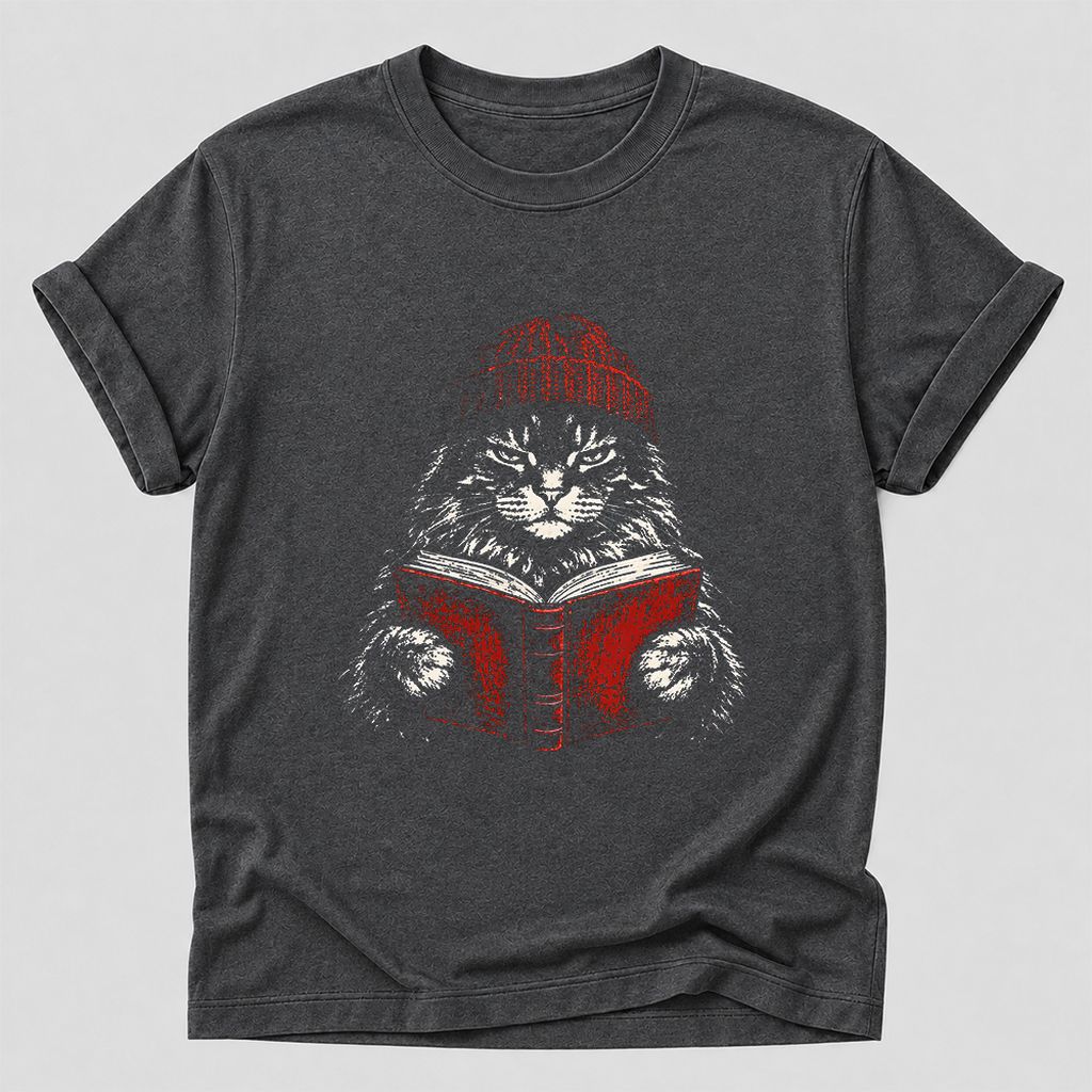 Maine Coon Cat Reading Printed T-Shirt | Cat Lover Reader Gift Dark Heather