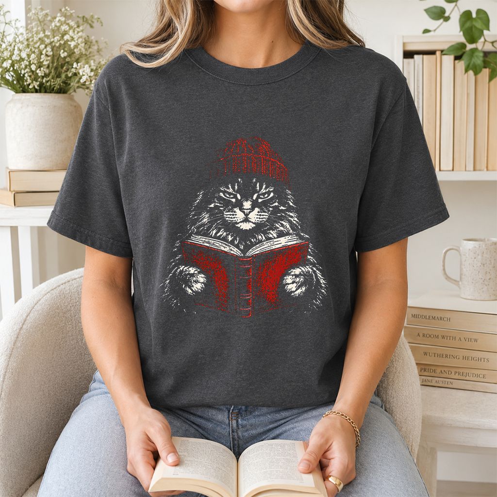 Maine Coon Cat Reading Printed T-Shirt | Cat Lover Reader Gift Dark Heather