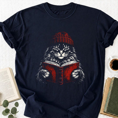 Maine Coon Cat Reading Printed T-Shirt | Cat Lover Reader Gift Navy