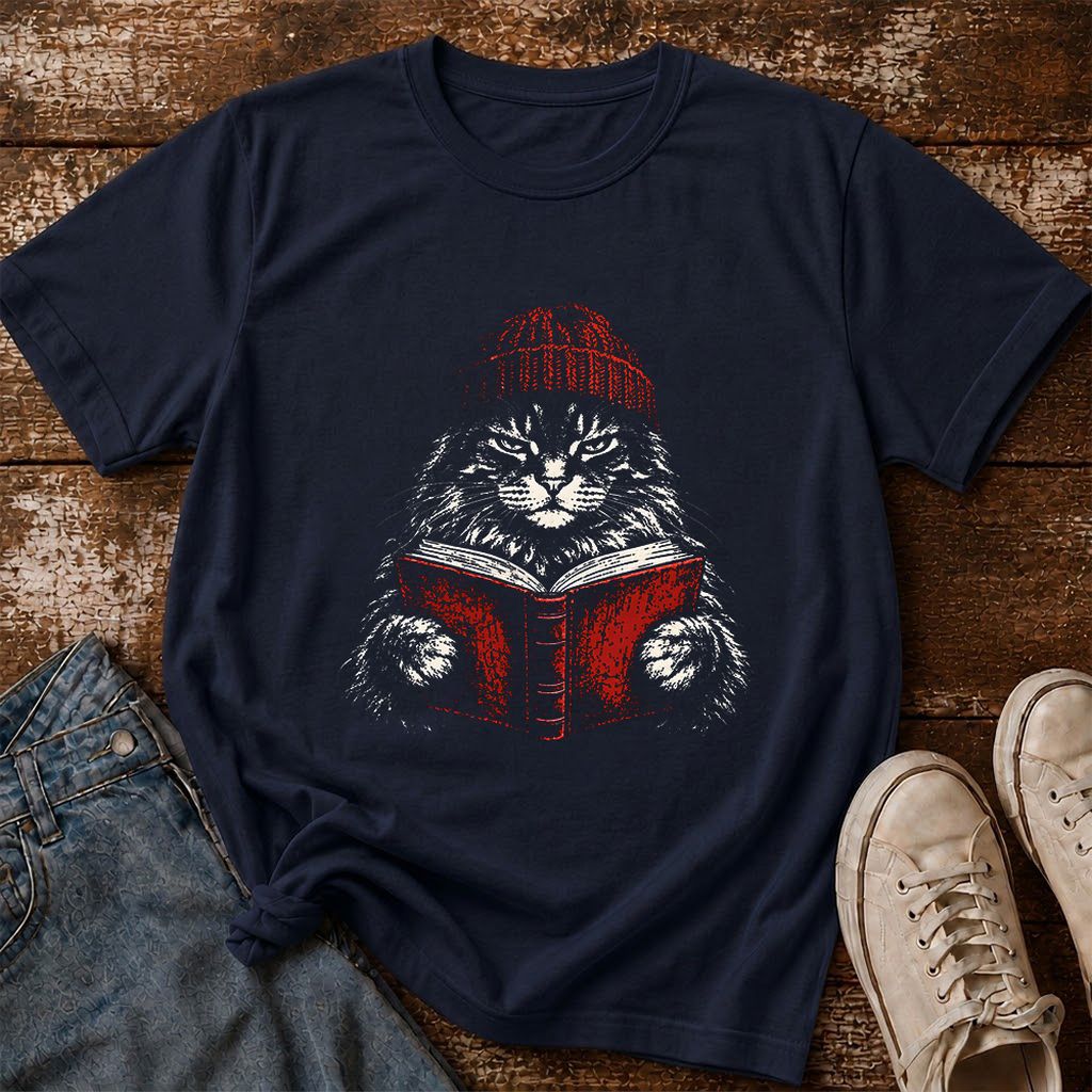 Maine Coon Cat Reading Printed T-Shirt | Cat Lover Reader Gift Navy
