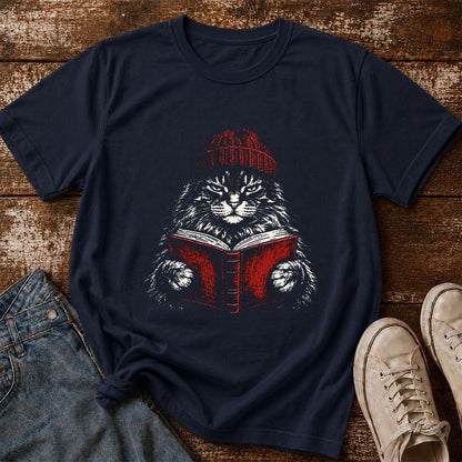 Maine Coon Cat Reading Printed T-Shirt | Cat Lover Reader Gift Navy