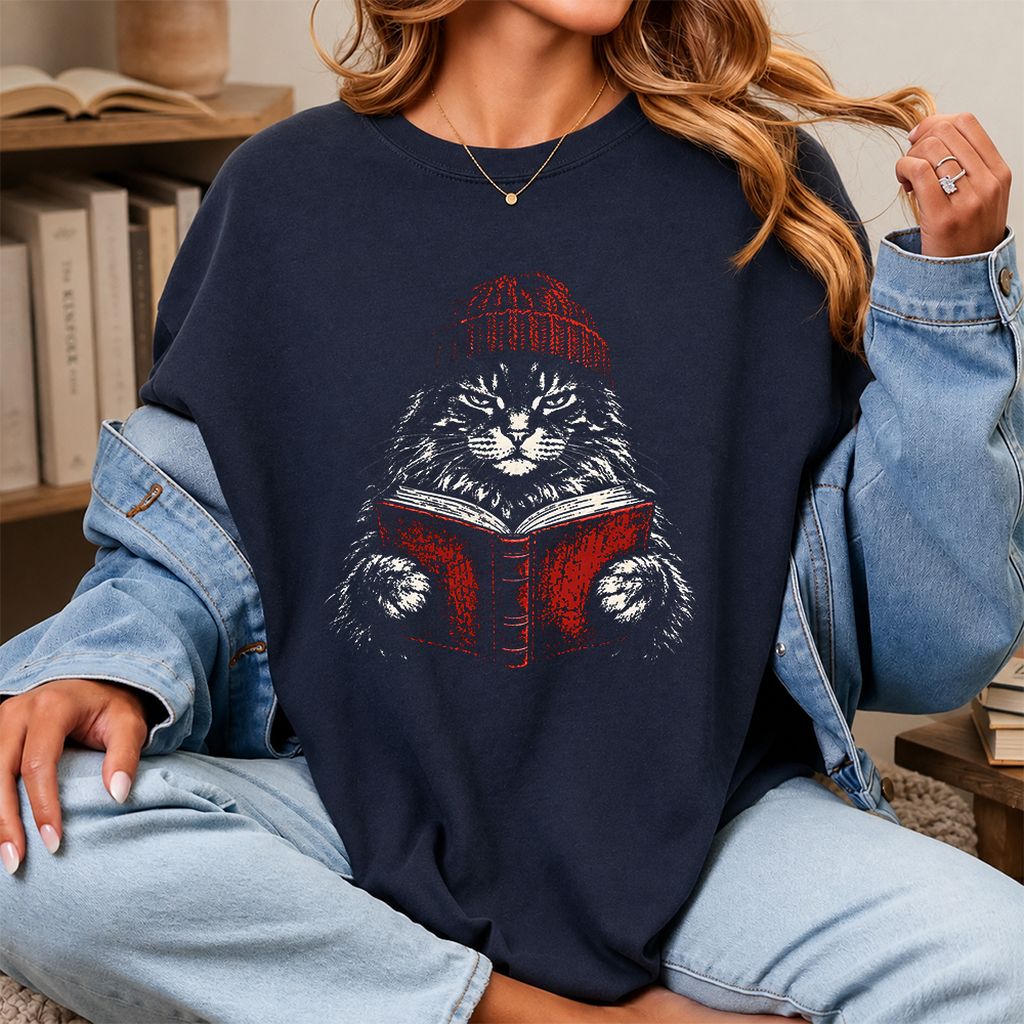 Maine Coon Cat Reading Printed T-Shirt | Cat Lover Reader Gift Navy