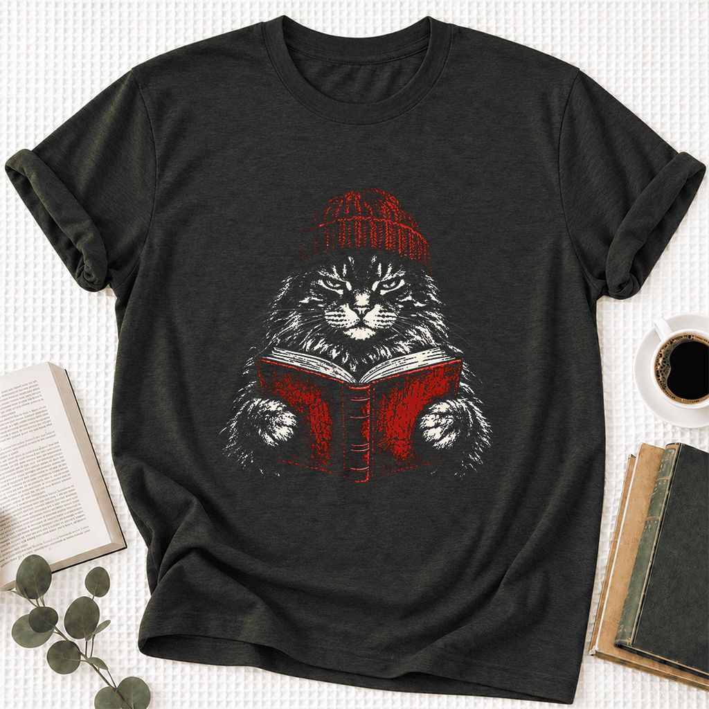 Serious Maine Coon Cat Reading Red Book Ultra-Soft Cotton T-Shirt | Reader Gift Black Heather