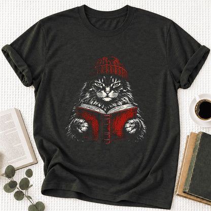 Serious Maine Coon Cat Reading Red Book Ultra-Soft Cotton T-Shirt | Reader Gift Black Heather