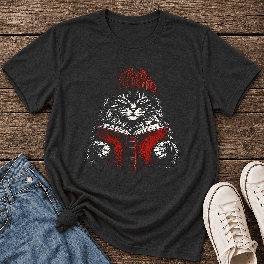 Serious Maine Coon Cat Reading Red Book Ultra-Soft Cotton T-Shirt | Reader Gift Black Heather