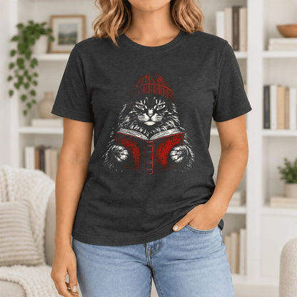 Serious Maine Coon Cat Reading Red Book Ultra-Soft Cotton T-Shirt | Reader Gift Black Heather