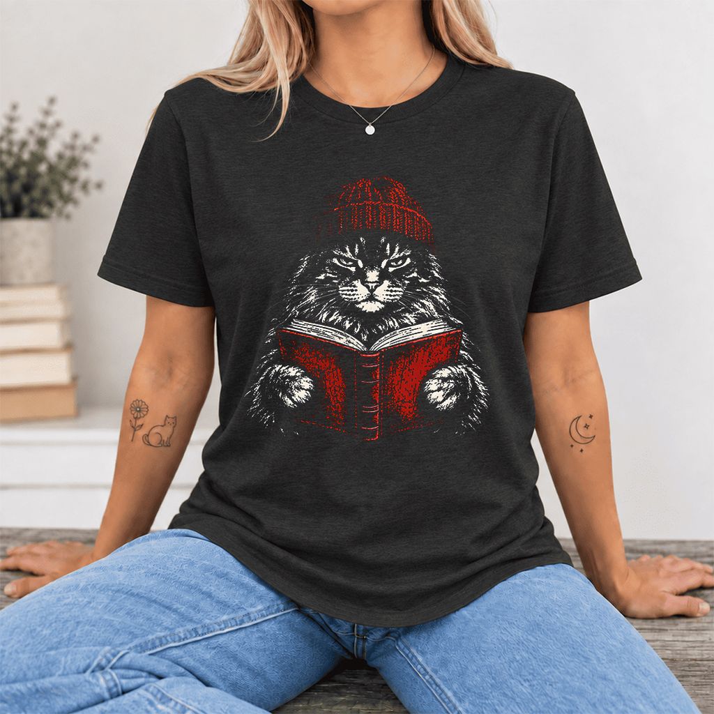 Serious Maine Coon Cat Reading Red Book Ultra-Soft Cotton T-Shirt | Reader Gift Black Heather