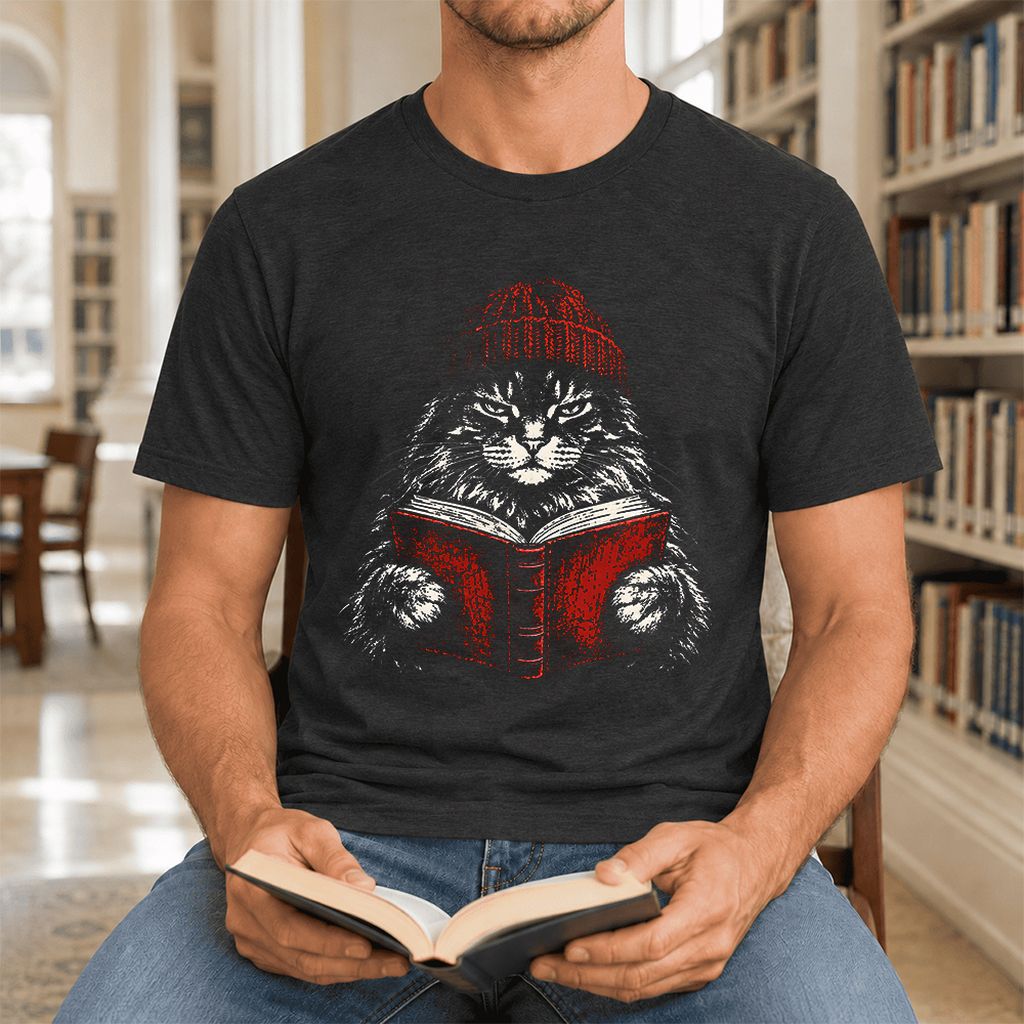 Serious Maine Coon Cat Reading Red Book Ultra-Soft Cotton T-Shirt | Reader Gift Black Heather