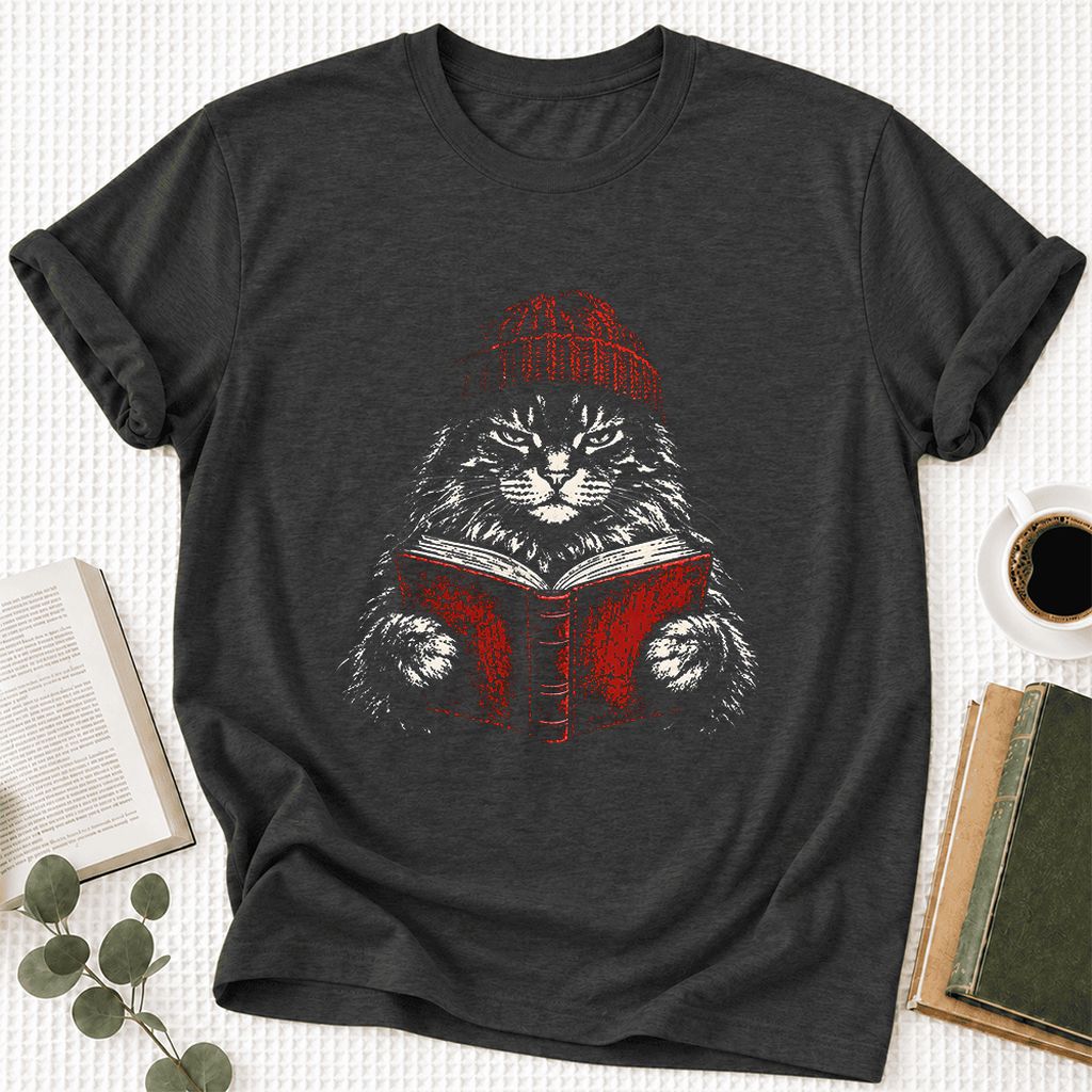 Serious Maine Coon Cat Reading Red Book Ultra-Soft Cotton T-Shirt | Reader Gift Dark Grey Heather