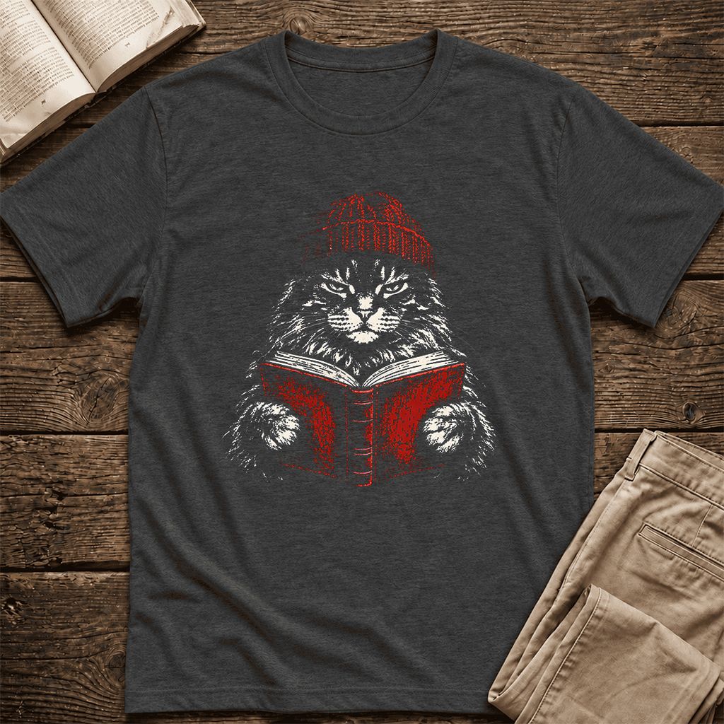 Serious Maine Coon Cat Reading Red Book Ultra-Soft Cotton T-Shirt | Reader Gift Dark Grey Heather