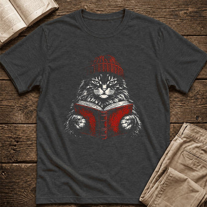 Serious Maine Coon Cat Reading Red Book Ultra-Soft Cotton T-Shirt | Reader Gift Dark Grey Heather