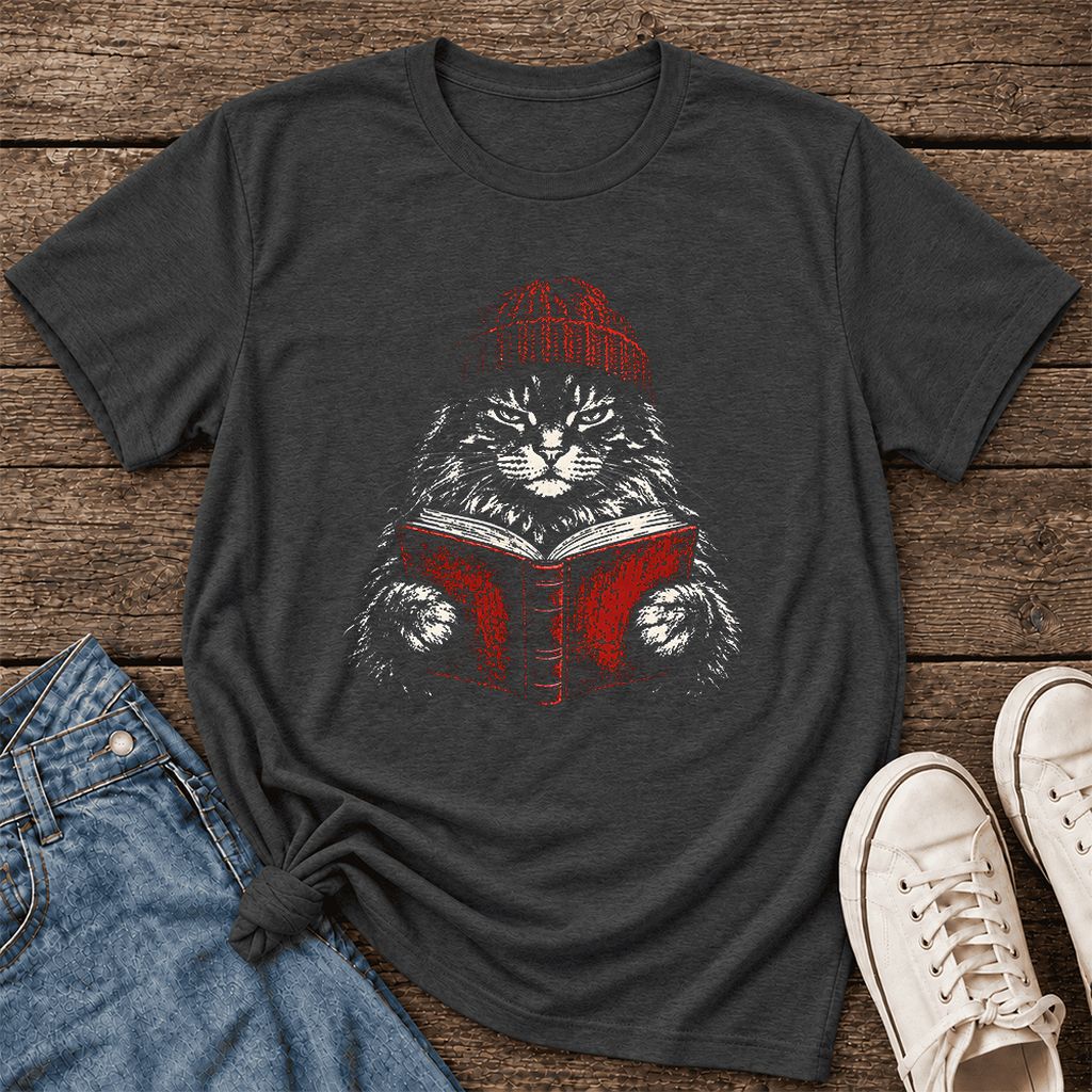 Serious Maine Coon Cat Reading Red Book Ultra-Soft Cotton T-Shirt | Reader Gift Dark Grey Heather