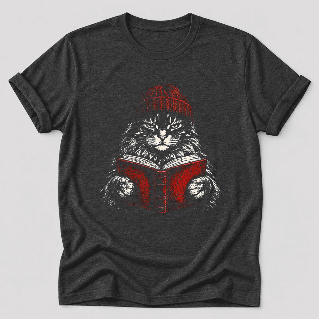 Serious Maine Coon Cat Reading Red Book Ultra-Soft Cotton T-Shirt | Reader Gift Dark Grey Heather