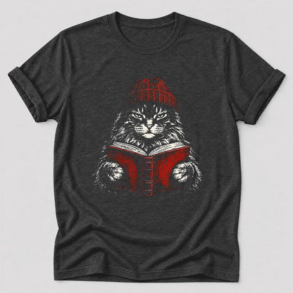 Serious Maine Coon Cat Reading Red Book Ultra-Soft Cotton T-Shirt | Reader Gift Dark Grey Heather