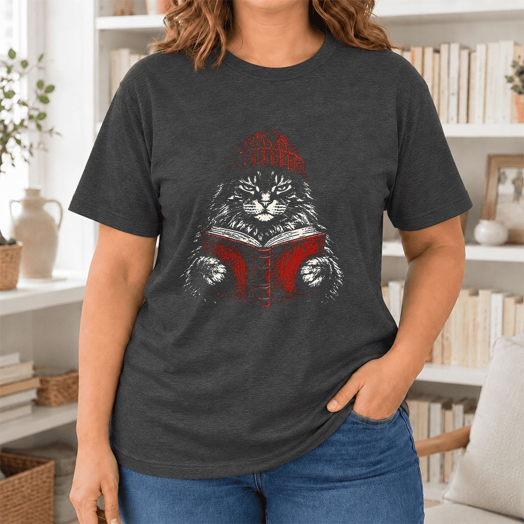 Serious Maine Coon Cat Reading Red Book Ultra-Soft Cotton T-Shirt | Reader Gift Dark Grey Heather
