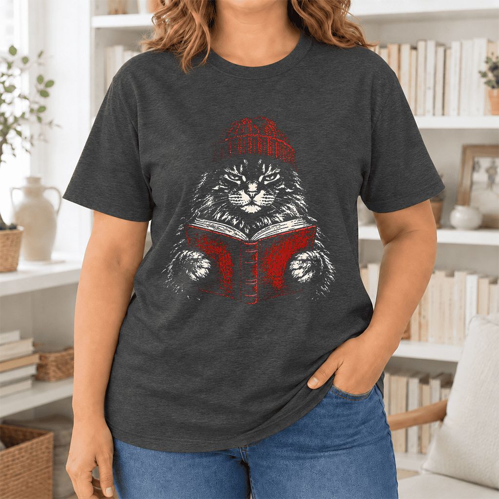 Serious Maine Coon Cat Reading Red Book Ultra-Soft Cotton T-Shirt | Reader Gift Dark Grey Heather