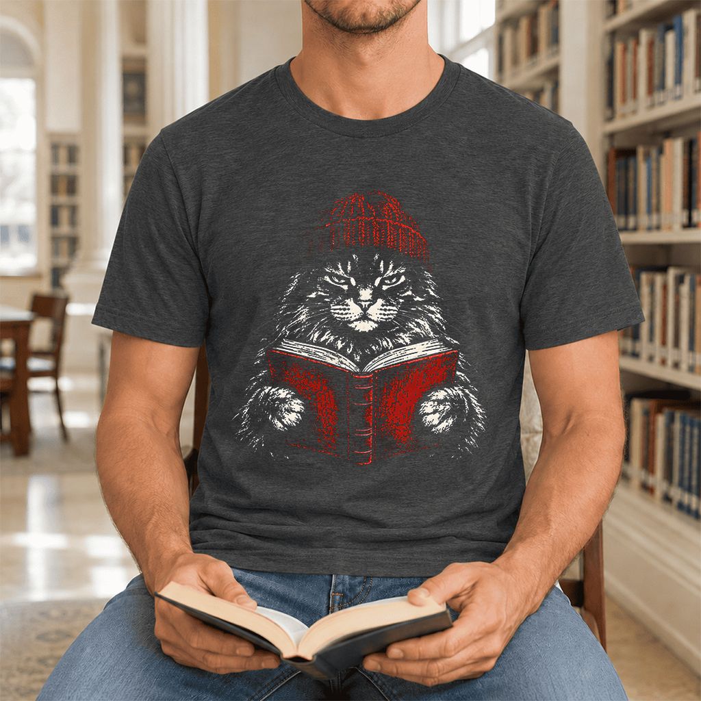 Serious Maine Coon Cat Reading Red Book Ultra-Soft Cotton T-Shirt | Reader Gift Dark Grey Heather