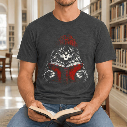 Serious Maine Coon Cat Reading Red Book Ultra-Soft Cotton T-Shirt | Reader Gift Dark Grey Heather