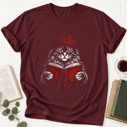 Serious Maine Coon Cat Reading Red Book Ultra-Soft Cotton T-Shirt | Reader Gift Maroon
