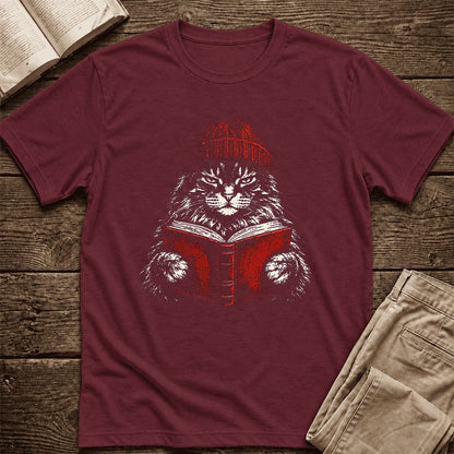 Serious Maine Coon Cat Reading Red Book Ultra-Soft Cotton T-Shirt | Reader Gift Maroon