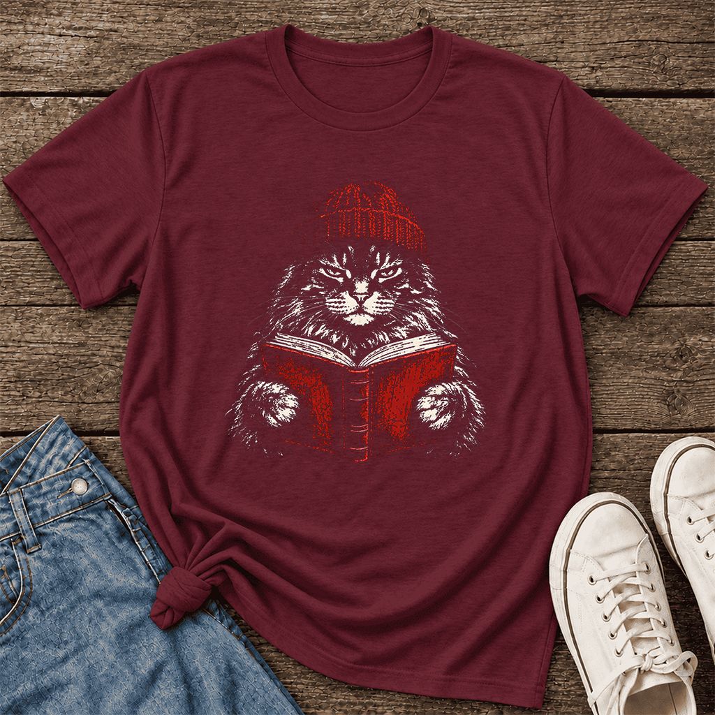 Serious Maine Coon Cat Reading Red Book Ultra-Soft Cotton T-Shirt | Reader Gift Maroon