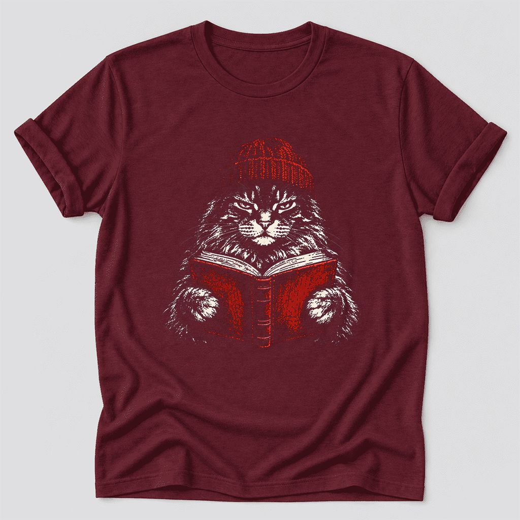 Serious Maine Coon Cat Reading Red Book Ultra-Soft Cotton T-Shirt | Reader Gift Maroon