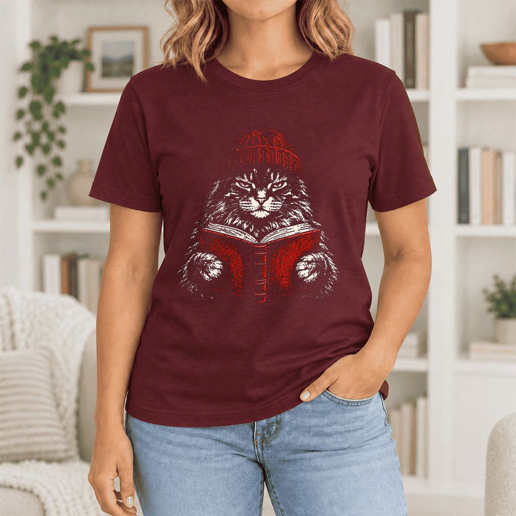 Serious Maine Coon Cat Reading Red Book Ultra-Soft Cotton T-Shirt | Reader Gift Maroon