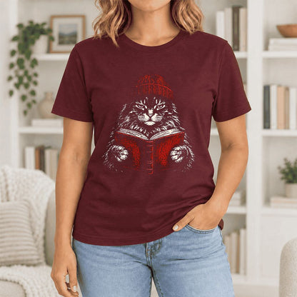 Serious Maine Coon Cat Reading Red Book Ultra-Soft Cotton T-Shirt | Reader Gift Maroon