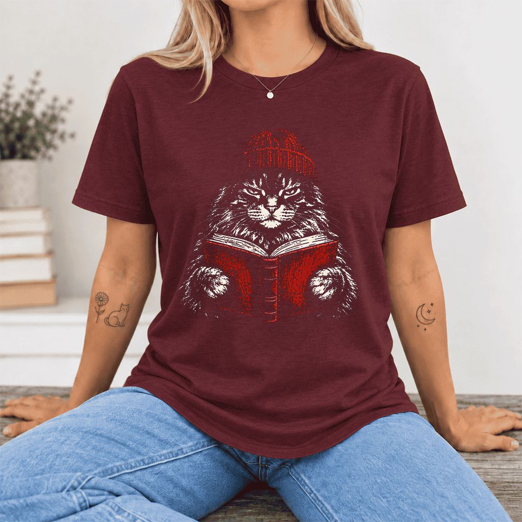 Serious Maine Coon Cat Reading Red Book Ultra-Soft Cotton T-Shirt | Reader Gift Maroon